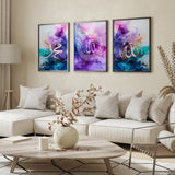 Set of 3 Islamic Wall Art Prints | Shades of Purple Teal and Blue Allah Muhammad Ayatul Kursi Arabic Calligraphy MJ473