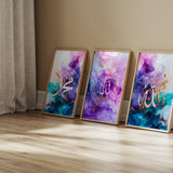 Set of 3 Islamic Wall Art Prints | Shades of Purple Teal and Blue Allah Muhammad Ayatul Kursi Arabic Calligraphy MJ473