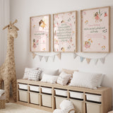 Set of 3 Princess Fairy Morning/ Sleeping Dua Ayatul Kursi Children's Islamic Wall Art Print Kids Nursery Fairy Sage Green & Pink