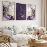 Set of 3 Grey Gold & Purple Alcohol Ink Sabr Dua Tawakull Arabic Calligraphy Islamic Wall Art Prints