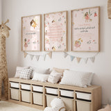 Set of 3 Princess Fairy Morning/ Sleeping Dua Ayatul Kursi Children's Islamic Wall Art Print Kids Nursery Fairy Coral & Grey