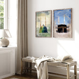 Set of 2 Masjid Nabwi & The Kaaba Vintage Watercolour Painting Islamic Wall Art Print
