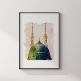 The Prophets Mosque Masjid Nabwi Madinah Medina Green Vintage Watercolour Islamic Wall Art Print