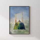 The Prophets Mosque Watercolour Painting Masjid Nabwi Madinah Medina Green Islamic Wall Art Print
