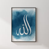 Ocean Blue Watercolour Allah Abstract Arabic Calligraphy Modern Islamic Wall Art Print