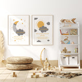 Set of 2 Morning & Night Dua Modern Islamic Wall Art Prints Kids Islamic Prints Mustard & Grey Moon Sun Star Theme