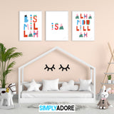 Personalised Set of 3 Children's Bismillah And Alhamdulillah Islamic Wall Art Print Kids Bedroom Nursery Watermelon Colourfull Abstract