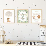 Set of 3 Personalised Safari Morning/ Sleeping Dua, Ayatul Kursi, Children's Islamic Wall Art Print Kids Nursery Safari Jungle Theme