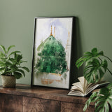Watercolour Digital Painting Of Masjid Nabwi Islamic Modern Abstract Islamic Wall Art Prints Home Gift Emerald Green & Gold Green Dome Madinah