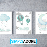Set of 3 Children's Tasbi Islamic Wall Art Print Kids Bedroom Nursery Hot Air Balloon Cloud Sun
