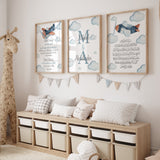 Personalised Set of 3 Planes & Clouds Children's Islamic Wall Art Print Ayatul Kursi Morning Dua Night Dua Kids Bedroom Nursery