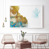 Tiffany Blue & Gold Abstract Kalimah La Ilahaillalah Arabic Calligraphy Islamic Wall Art Print Alcohol Ink Detail Landscape