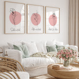 Set of 3 Blush Pink & Black Floral Abstract Tasbeeh Subhanallah Alhamdulillah Allahhuakbar Arabic Calligraphy Islamic Wall Art Print With Natural Leafy Tones Tasbi