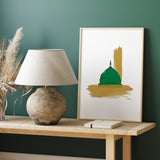 Minimalistic Green Dome Masjib Nabwi Prophet Muhammad PBUH Islamic Wall Art Print Emerald Green & Gold