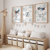 Personalised Set of 3 Planes & Clouds Children's Islamic Wall Art Prints Kids Bedroom Nursery
