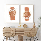 Set of 2 Allah, Prophet Muhammad Burnt Orange & Gold Watercolour Paint Brush Abstract Arabic Calligraphy Islamic Wall Art Print 2022 Home