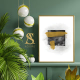 Light Grey Watercolour Background Of The Blessed Kaaba Paintbrush Abstract Modern Islamic Print 2022 Black & Gold Minimalistic Wall Art