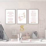 Set of 3 Personalised Pink Floral Ayatul Kursi English Translation & Arabic Calligraphy Morning / Night Dua Children's Islamic Wall Art Print Kids Bedroom Nursery Girls White Background