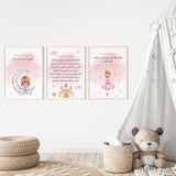 Set of 3 Princess Fairy Morning/ Sleeping Dua Ayatul Kursi Children's Islamic Wall Art Print Kids Nursery Castle Fairy Moon Stars
