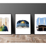 Set of 3 Watercolour Holy Places Masjid al Haram Masjid Nabwi Masjid al Aqsa Kaaba Prophet's Mosque Islamic Wall Art Print Palestine