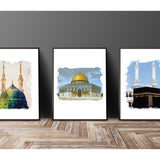 Set of 3 Watercolour Holy Places Masjid al Haram Masjid Nabwi Masjid al Aqsa Kaaba Prophet's Mosque Islamic Wall Art Print Palestine