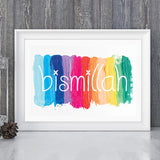Bismillah Children's Painting Typography Islamic Wall Art Print Rainbow Colours Paint Girls Boys Nursery Bedroom