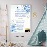 Blue Floral Ayatul Kursi With Kaabah & Arabic / English Translation Children's Islamic Wall Art Print Kids Bedroom Nursery Girls