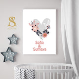 Shades Of Pink & Grey Personalised Heart With Floral Detail Children's Islamic Wall Art Print Kids Bedroom Nursery Girls Room Islamic Kids Print