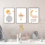 Set of 3 Personalised Ayatul Kursi & Night Dua Children's Islamic Wall Art Prints Sun Moon Cloud Kids Nursery Bedroom Gift Beige Black