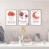 Red & White Set of 3 Tasbi Children's Islamic Wall Art Print Kids Bedroom Nursery Print Subhanallah Alhamdulillah Allah hu Akbar Cloud /hot Air Balloons Moon Islamic Nursery Print