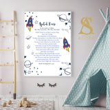 Space Rocket Ship Ayatul Kursi English Translation Children's Islamic Wall Art Print Kids Bedroom Nursery Girls Boys Stars Planets Rockets White Background