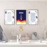 Set of 3 Personalised Personalised Space Rocket Ship Ayatul Kursi English Translation Children's Islamic Wall Art Print Kids Bedroom Nursery Girls Boys Stars Planets Rockets White Background