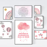Set of 7 Personalised Children's Pink & Grey Hot Air Balloon Gallery Collection Including Tasbeeh Ayatul Kursi Arabic Calligraphy Kids Islamic Wall Art Print