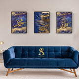 Set of 3 Navy Blue & Gold Allah, Muhammad Leaf Luxury Islamic Wall Art Print Arabic Calligraphy