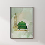 The Prophets Mosque Masjid Nabwi Madinah Medina Green Digital Painting Islamic Wall Art Print