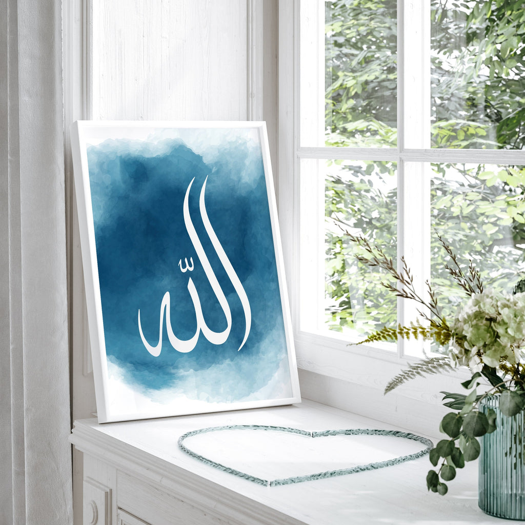 Ocean Blue Watercolour Allah Abstract Arabic Calligraphy Modern Islamic Wall Art Print