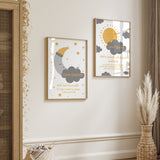 Set of 2 Morning & Night Dua Modern Islamic Wall Art Prints Kids Islamic Prints Mustard & Grey Moon Sun Star Theme