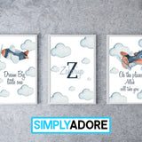 Personalised Set of 3 Planes & Clouds Children's Islamic Wall Art Prints Kids Bedroom Nursery