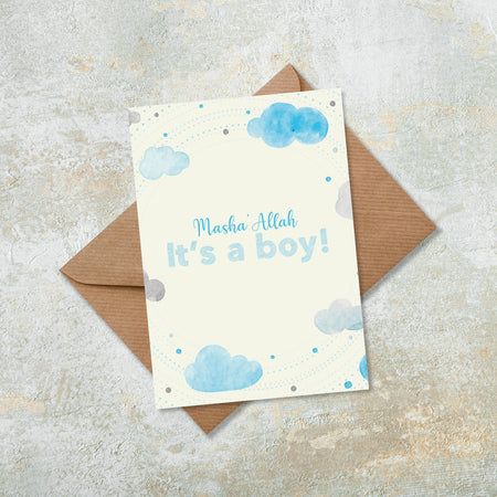 Masha Allah It's a Boy Blue Water Colour Clouds Islamic Greeting Card New Baby Card Baby Boy Congratulations