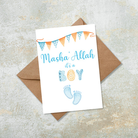 Masha Allah It's a Boy Blue Water Colour Clouds & Foot Print With Bunting Islamic Greeting Card New Baby Card Congratulations