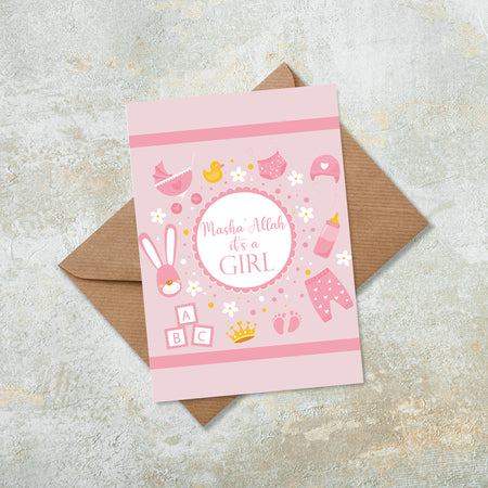 Masha Allah It's a Baby Girl Pink Water Colour Islamic Greeting Card New Born