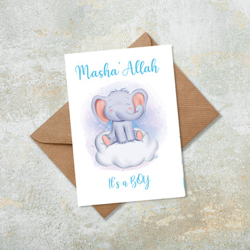 Masha Allah It's a Boy Blue Water Colour Elephant On Clouds Islamic Greeting Card New Born