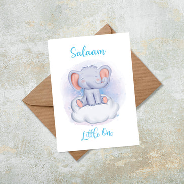 Salaam Little One Blue Water Colour Elephant On Clouds Islamic Greeting Card New Born