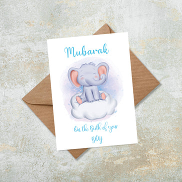 Mubarak On The Birth Of Your Baby Boy Blue Water Colour Elephant On Clouds Islamic Greeting Card New Born Congratulations