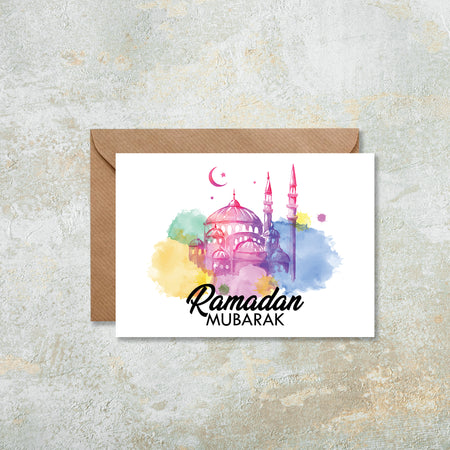 Ramadan Mubarak Watercolour Moque Islamic Card