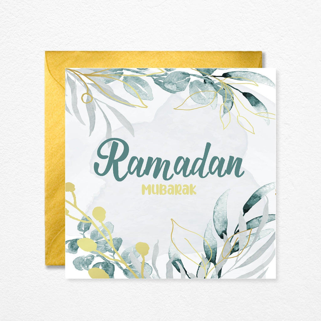 Ramadan Mubarak Card Green Floral English Calligraphy Wax Sealed Option Available Islamic Greeting Card