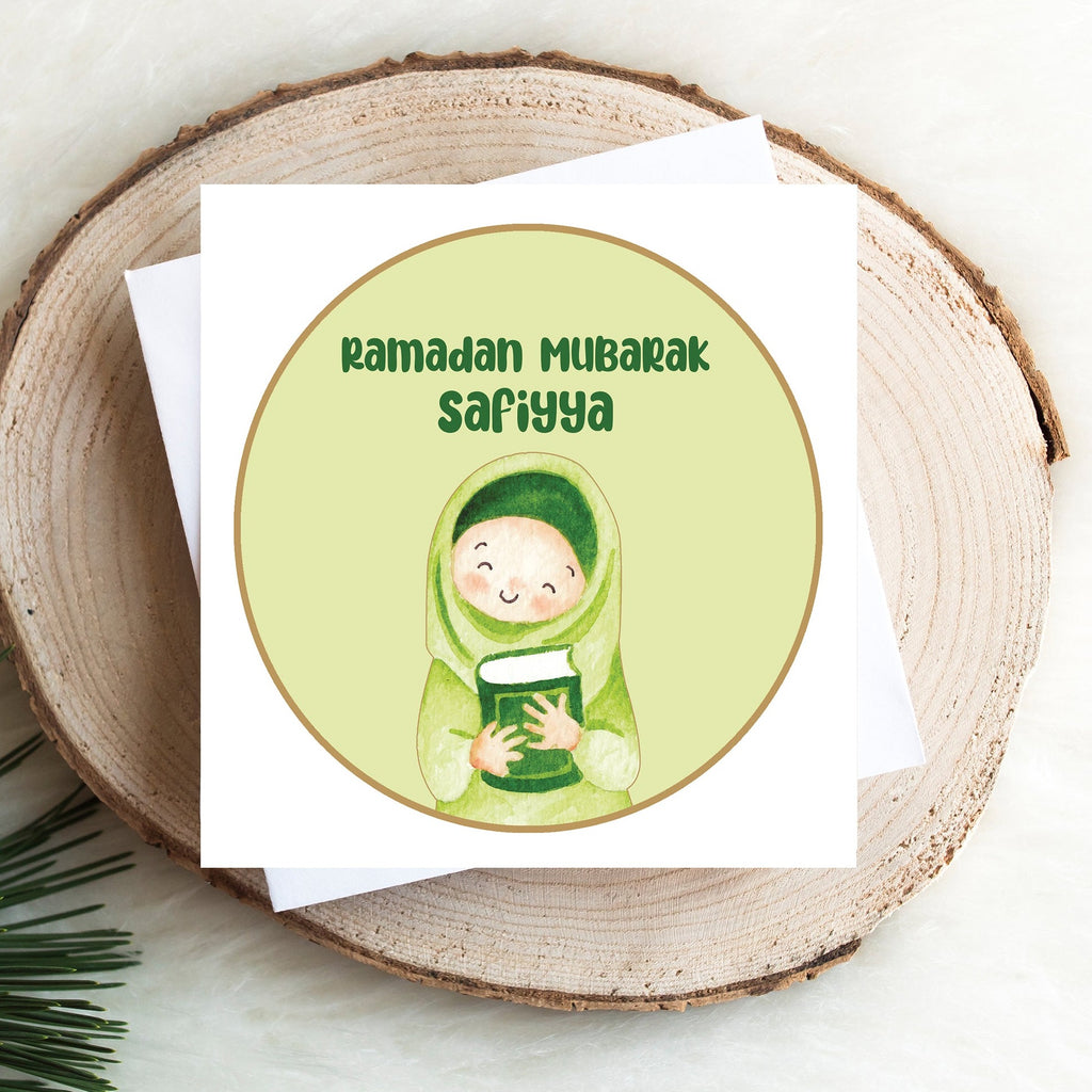 Personalised Ramadan Mubarak Card Green English Calligraphy Little Muslimah Wax Sealed Option Available Childrens Islamic Greeting Card