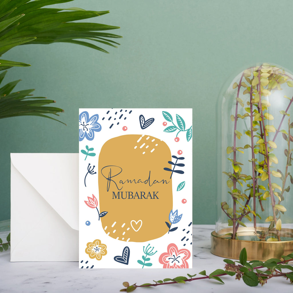 Ramadan Mubarak Card - English Calligraphy Floral Edition - Single, Pack of 5 or Pack of 10