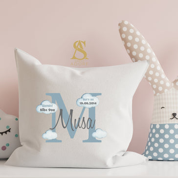 Personalised Blue English Initial Text Name Cushion with Birth Stats Clouds Birthday Gift New Baby Gift Girl