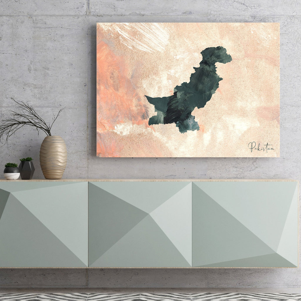 Printed Stretched Canvas Pakistan Map Design In The Colour Peach And Emerald Green Paint Strokes